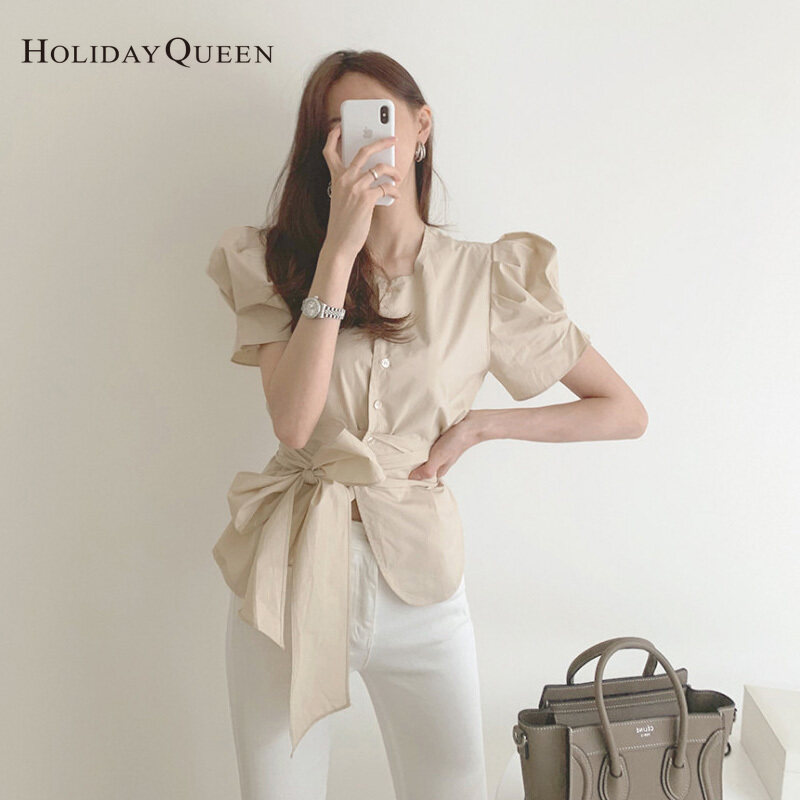 HolidayQueen Summer Puff Sleeve Tie Waist Waist Thin Chic Short Sleeve Shirt S M Free Shipping HQ0436