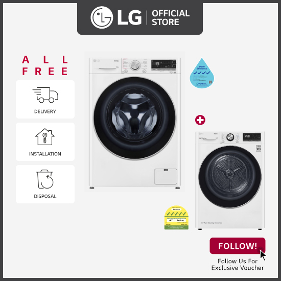 [Bulky] LG FV1410S3WA 10kgKG, Front Load Washer + LG TD-H90VWD 9KG, Dual Inverter Heat Pump dryer