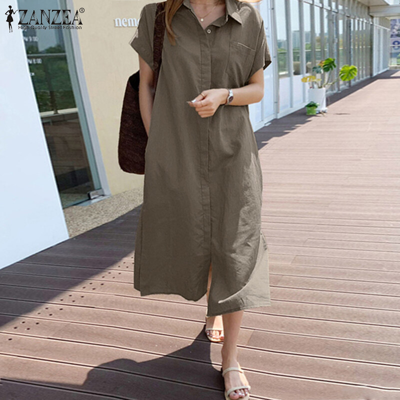 ZANZEA Korean Style Women Short Sleeve Lapel Button Down Shirt Dress Cotton Plain Midi Sundress